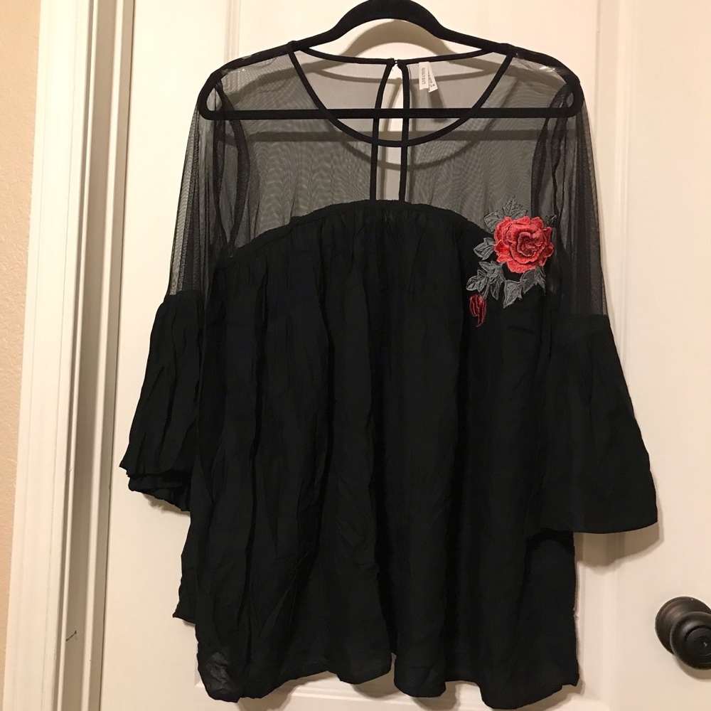 Beautiful black blouse with red flower appliqué & mesh fabric on shoulder. Sz 1X